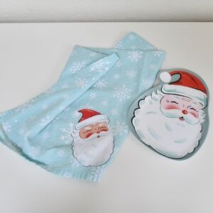 RARE World Market Retro Santa Mint Melamine Plate and Snowflake Tea Towel